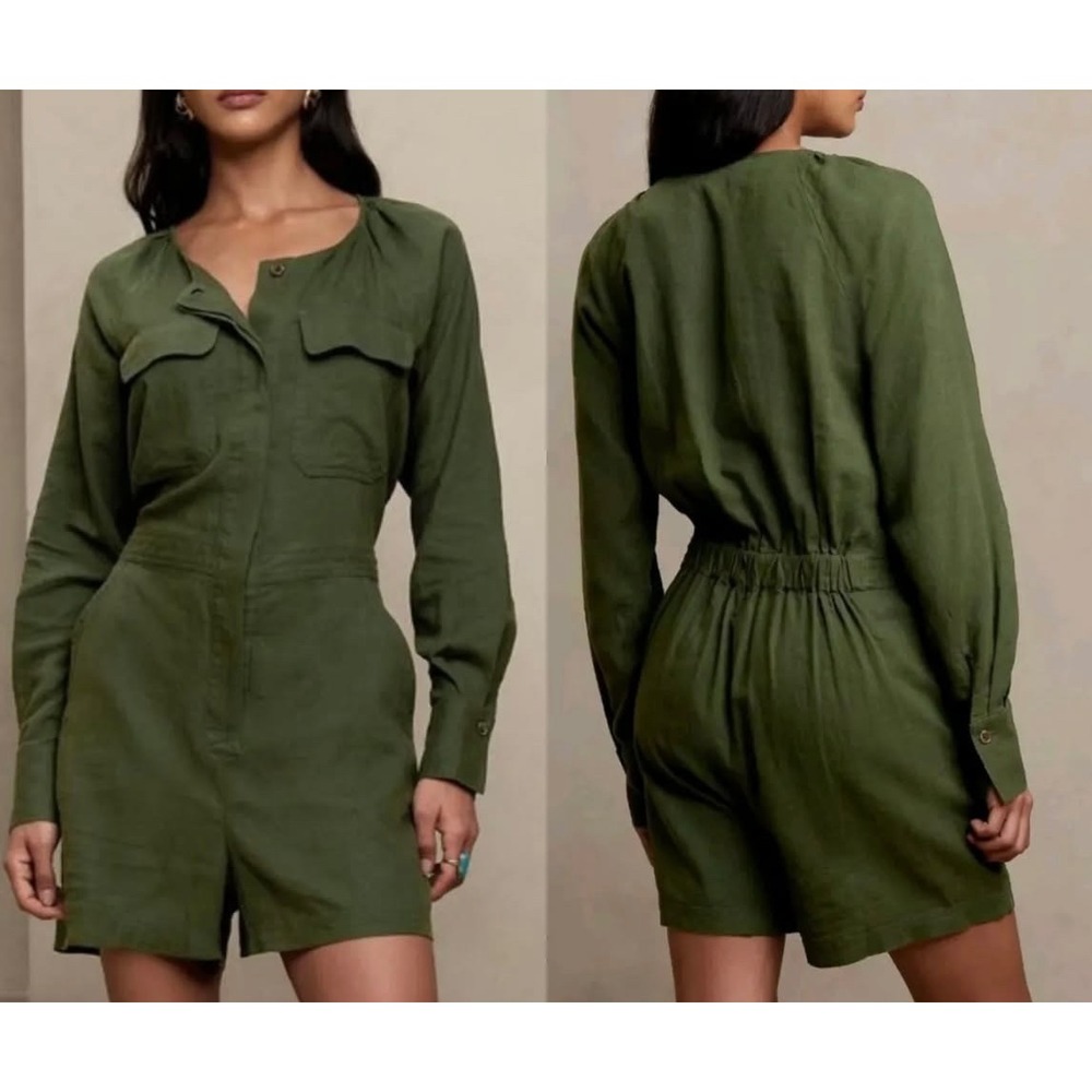 Banana Republic Olive Green Linen Blend Utility Romper Large Petite LP - Picture 1 of 12